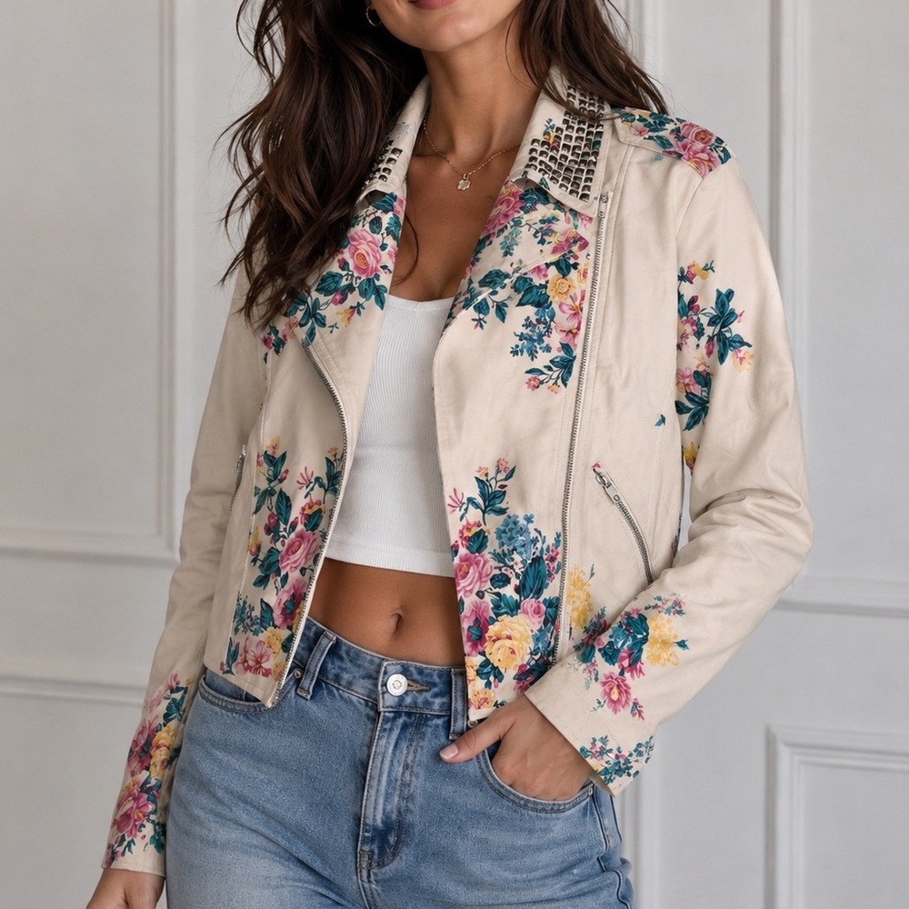Ashley Nell Tipton Boutique Floral Faux Leather Studded Moto Jacket Ivory 1X s3